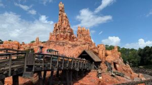 Wide shot of Big Thunder Mountain Railroad at Disney World’s Magic Kingdom in Orlando, Florida, USA